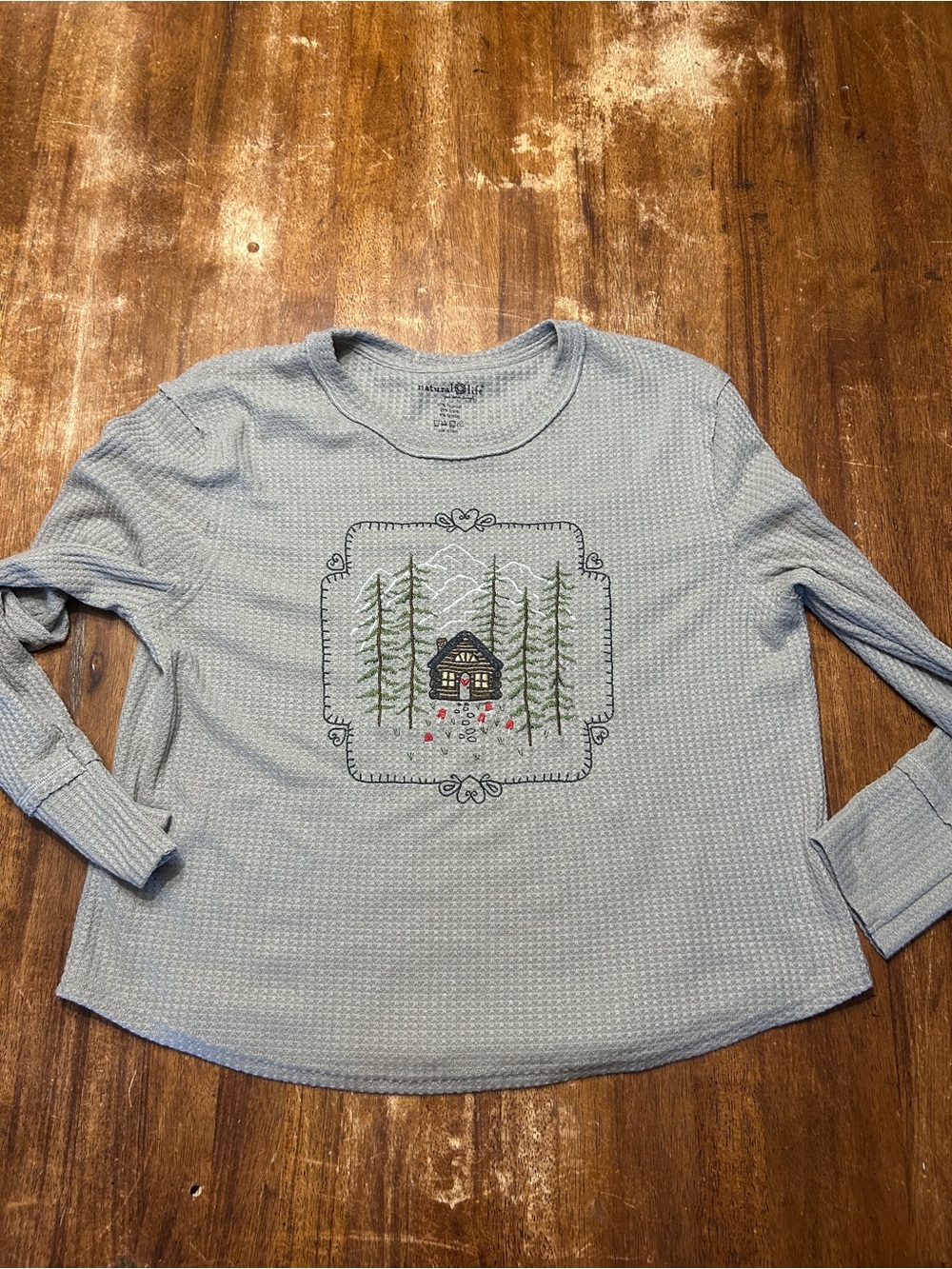 Natural life Grannycore gray Cozy Cabin Embroidered Waffle Knit Long-Sleeve Top